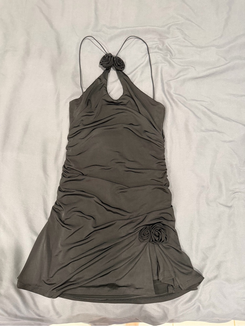 Meshki Black Halter Ruched Dress with Rosette Details